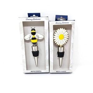 Set of 2 Tommy Bahama Wine Stoppers Daisy Flower Bumble Bee Silver White Yellow